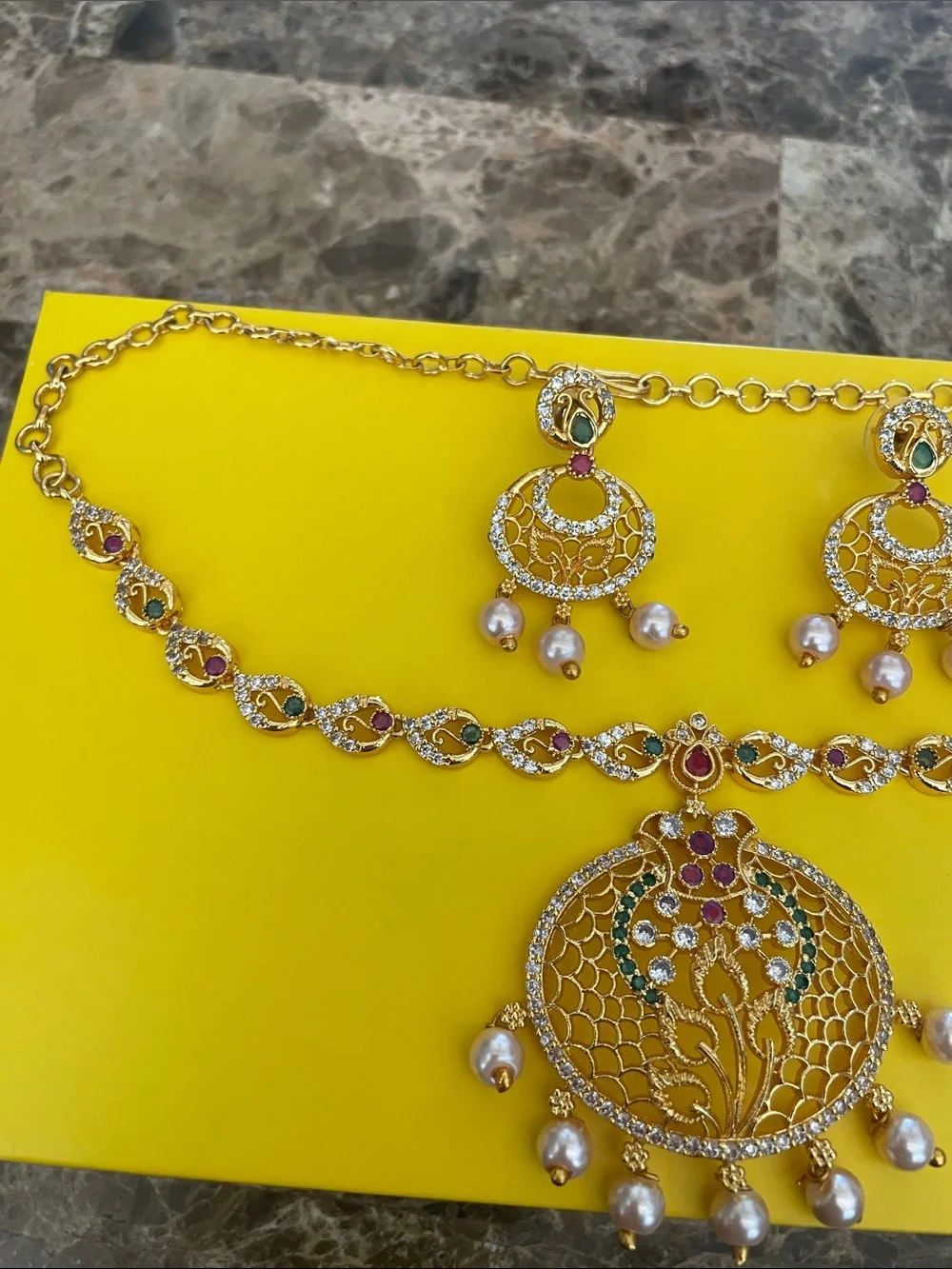 Gold-Tone Pearl & Ruby Accent Necklace and Earring Set